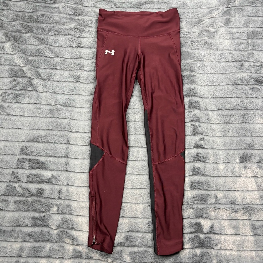 Under Armour HeatGear Compression Leggings Maroon Mesh Ankle Zip Womens S
